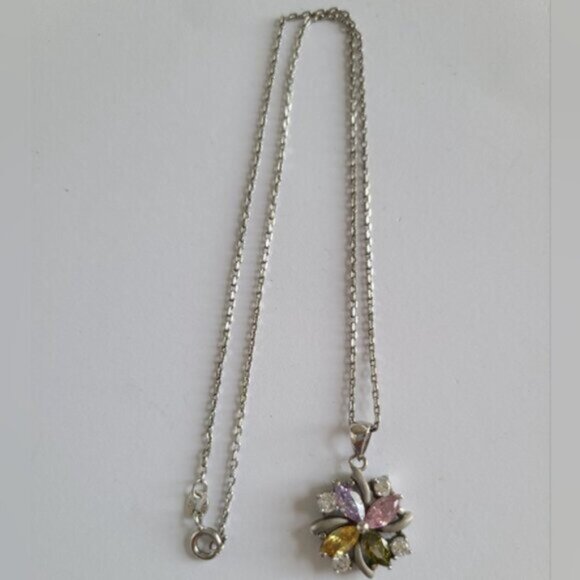 Vintage Boho Sterling Silver Multi Coloured Crystal Stone Flower Necklace - Picture 13 of 15